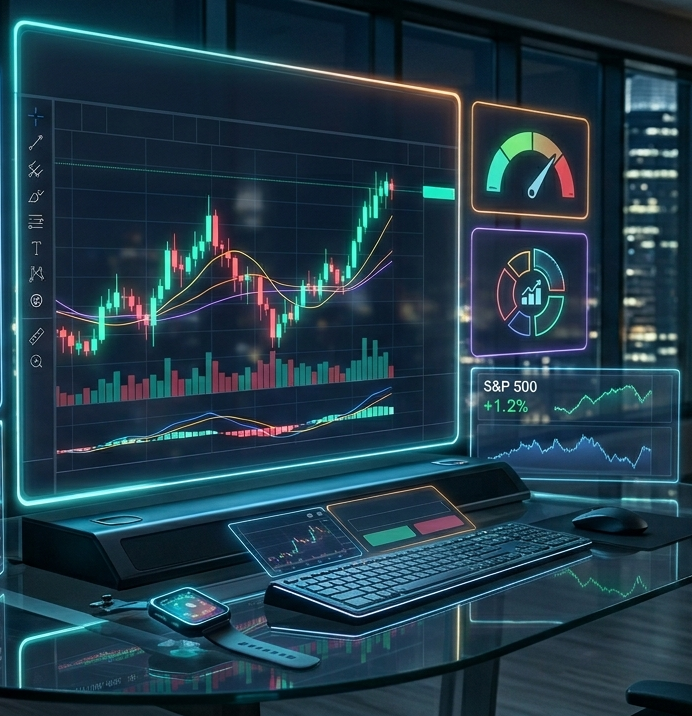 Futuristic trading workstation with holographic charts and city skyline